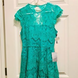 Green, lace, fit and flare dress